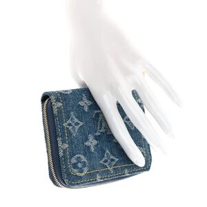 Cotton Denim Monogram Zip-Around Wallet in Blue